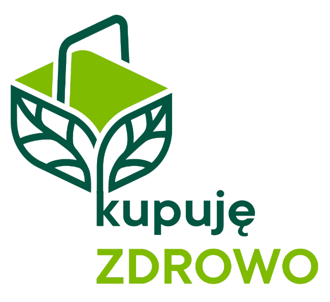 Logo sklepu Kupuję Zdrowo składa się z graficznego symbolu zielonego koszyka na zakupy, którego boczne ścianki mają kształt dwóch symetrycznych liści. Uchwytem koszyka jest prosta, zaokrąglona linia w ciemnozielonym kolorze. Poniżej widnieje napis „kupuję” w ciemnozielonej czcionce i „ZDROWO” w jaśniejszym, świeżym odcieniu zieleni. Logo odzwierciedla ideę zdrowej, ekologicznej żywności i zrównoważonych zakupów.
